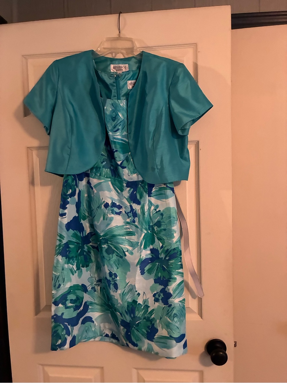 Studio I Teal and Aqua Floral Dress with Matching Bolero. Belted